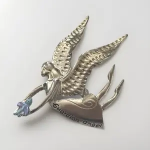 Guardian Angel Pin Brooch - Silver Angel Design with Wings , Includes Text "Guardian Angel" Vintage