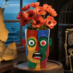Auction Surprise expression abstract art hand-painted resin flowerpot - waterproof indoor and outdoor gardening pot with drainage holes, geometric pattern design, cute planting container, durable indoor courtyard decoration
