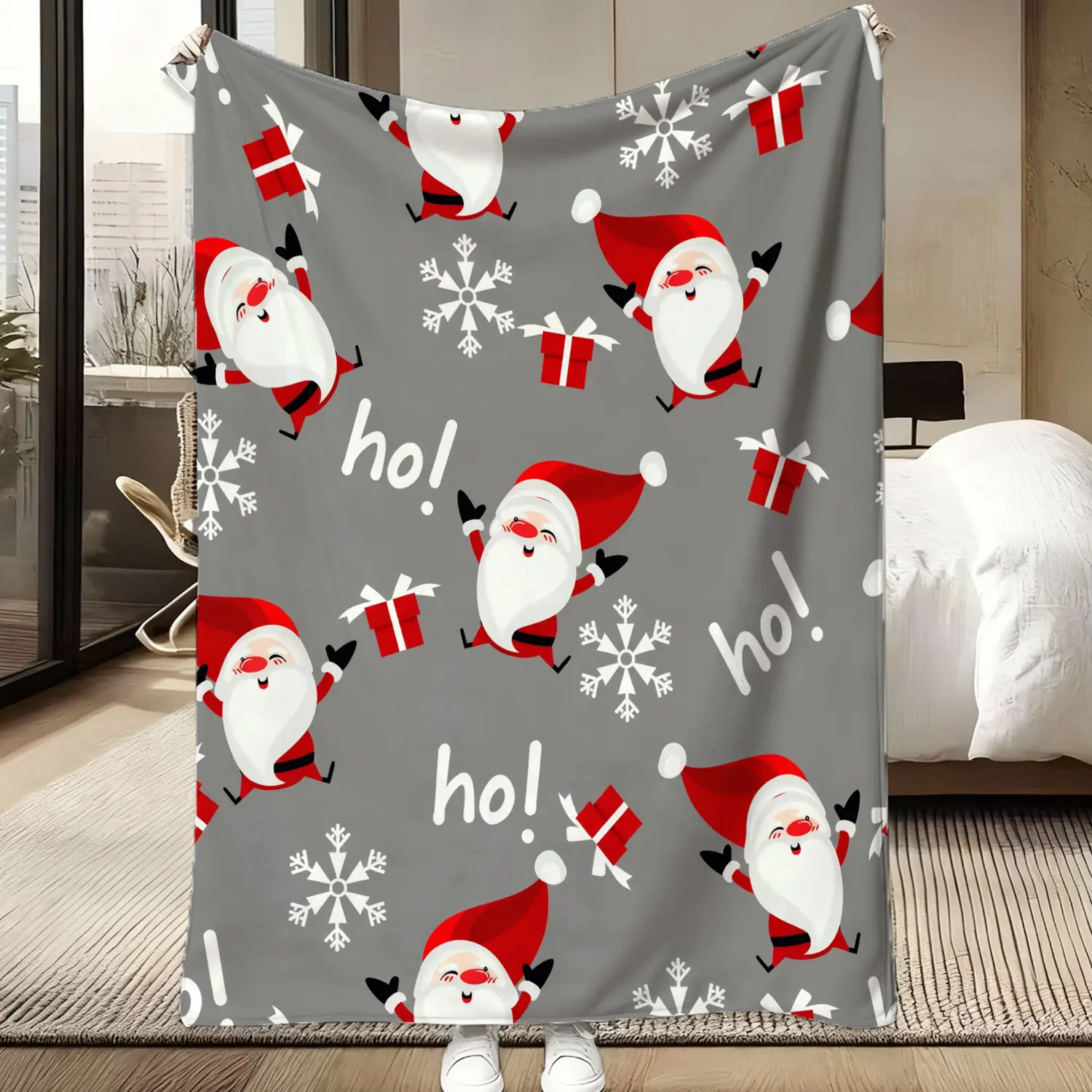 Soft Funny Throw Blanket Fluffy Blanket, Santa Claus Print White Throw Blanket, White Blanket Barefoot Dream Blanket, Throw Blanket for Sofa, Winter Warm Blanket, Living Room Bedroom Decoration, Lunch Break Camping Multifunctional Blanket, Birthday Gift