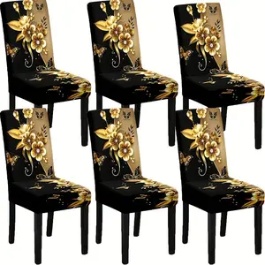 4/6-Piece Black & Gold Butterfly Flower Elastic Chair Covers for All Seasons, Fiber Fabric Washable Non-Slip Protective Slipcovers – Ideal for Home Decor, Hotels/Restaurants, Living Room, Hotel Furniture, Floral Pattern, Decorative Slipcovers