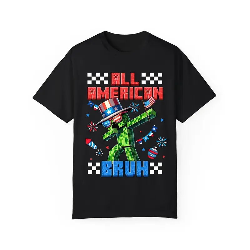 All American Bruh Youth T-Shirt – 4th of July Minecraft-Inspired Gamer Tee for Kids, Funny Independence Day Shirt, Gift for Boys