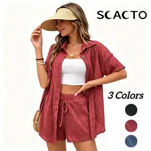 Scacto Lady's 2-Piece Summer Casual Clothes Set - Single-Breasted Cardigan, Lapel Polyester Top & Loose-Fitting Above-Knee Woven Shorts with Slight Stretch, Stylish Loungewear