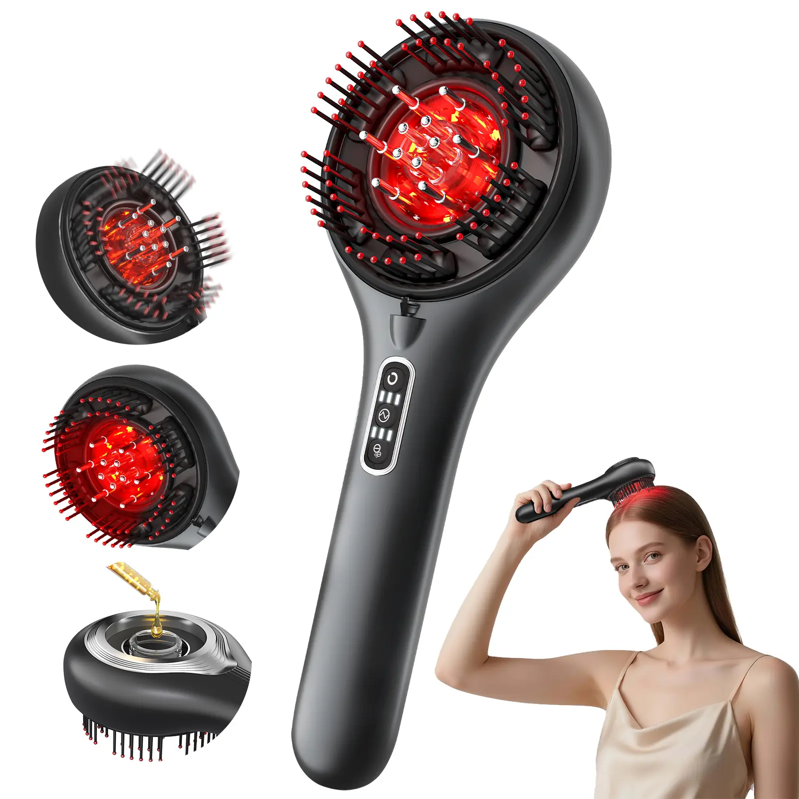 Morfone 3-in-1 Red Light Scalp Massager - IPX7 Waterproof Electric Comb, Accurate Hair Oil/Essential Oils Applicator, 360-Degree Shiatsu Massage, 3 Customizable Modes, Size of a Bottle of Water, Easy to Clean for Adult Business Travelers (Black), Travel S