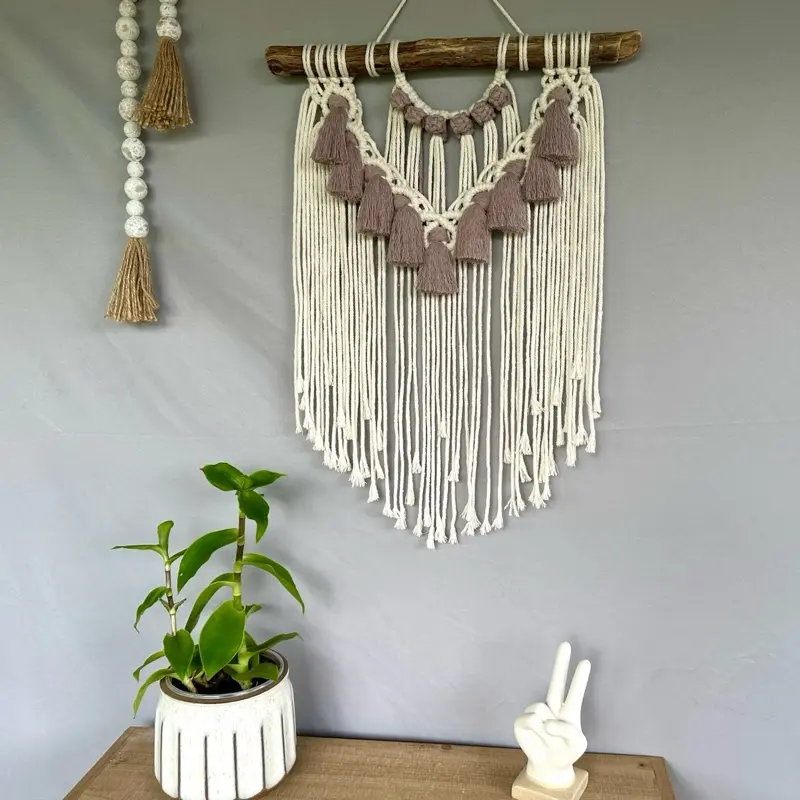 Dusty Rose Boho Macrame Wall Hanging with Dusty Rose Tassels - Rustic Driftwood Decor, Shaggy & Layered Design, Hangable Wall Decor - Ornaments