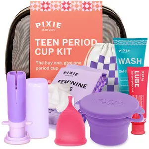 Pixie Cup Teen Menstrual Cup Kit - First Period Cup Starter Kit for Feminine Care - Wash, 20 Wipes, Lube, Public Restroom Carry Cup, Storage Bag & Applicator - Everything You Need to Become A Successful Cup User