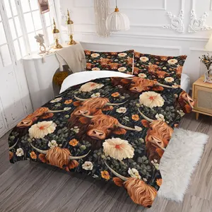 Vintage Oil Painting Cute Highland Cow Print Bedding Set, Includes 1 Quilt and 1/2 Coreless Pillowcases, Warm Comfortable Fluffy Material