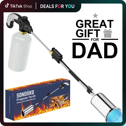 SonDiiKo Heavy-Duty Propane Weed Torch Head Kit - Bakeware Compatible, 45000 BTU High-Output, Double Ignition, Leaktested Ship, Nozzle, Rubber Handle, Detachable for Sear Fish, Melt Ice, Black & Red (Propane Tank Not Included)