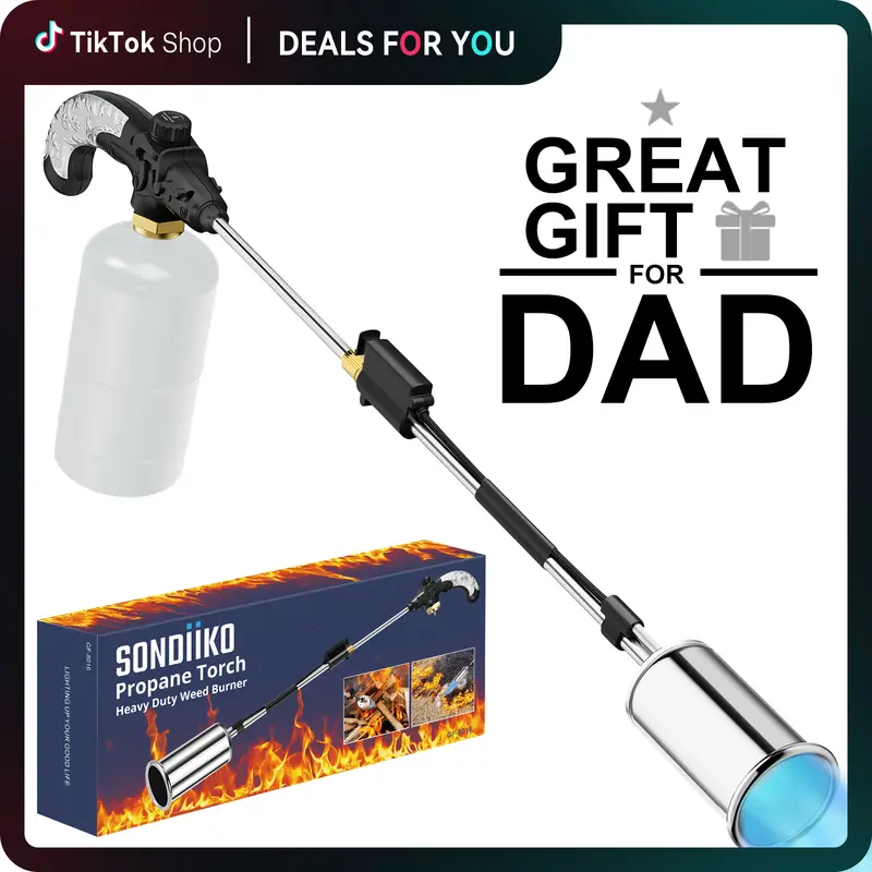 SonDiiKo Heavy-Duty Propane Weed Torch Head Kit - Bakeware Compatible, 45000 BTU High-Output, Double Ignition, Leaktested Ship, Nozzle, Rubber Handle, Detachable for Sear Fish, Melt Ice, Black & Red (Propane Tank Not Included)