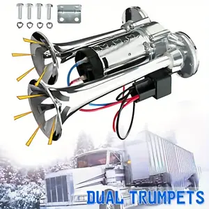 1pc  120db Super Loud 12V Dual Speaker Air Horn Kit, Aluminum Electric Train Horn, with Air Compressor, Hardwire ≤36V, for Trucks, Ships, Trucks, Cars - No Compressor Needed