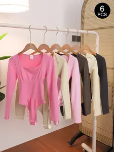 6PCS Women's Breathable Long Sleeve Quick-Dry Shapewear Set, 6-Piece Comfortable Outerwear Fitness Undergarment, All-Season Fashion