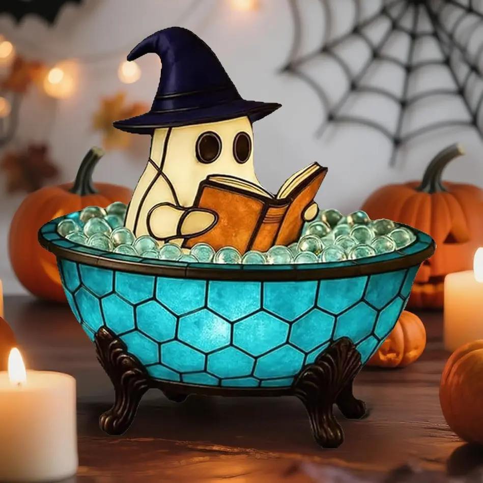 Halloween Ghost Bubble Bath Lamp, Cute Bathtub Ghost Night Lights for Halloween Decor, Reading Books Nightlight, Halloween Decorations Halloween Stained Glass Ghost Reading, Spooky Cute Room Decor, Living Room & Holiday Party Gift