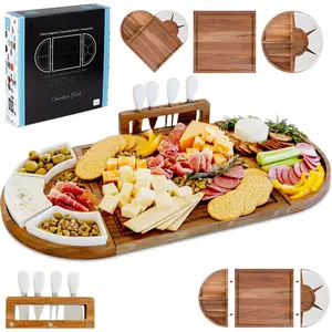 Large Wooden Charcuterie Board Set (Oil Finish) - 3-  Long Serving Board Tray with Charcuterie Accessories - Acacia  Cheese Platter with Cheese  Set & Ceramic Dishes - Brown