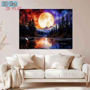 2D flat 1pc moonlight forest natural scenery theme banner backdrop fabric, vibrant colors landscape moon pine tree tapestry, photography background home decoration party decoration Banner Tapestry