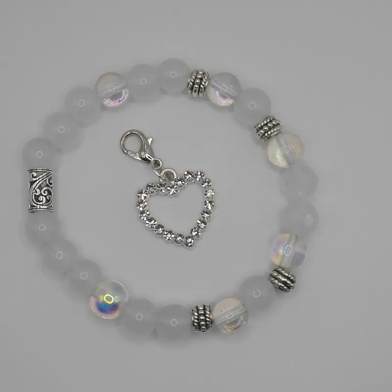 Selenite & Australian Crystal Gemstone Bracelet with Sparkly Heart Charm