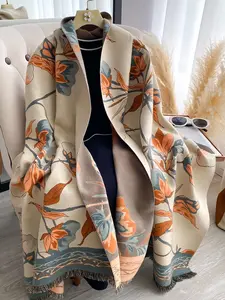 Elegant Fashion Double-Sided Thick Autumn Winter Scarf, Plant Print Pattern Shawl with Tassels for Luxurious Comfortable Travel Style