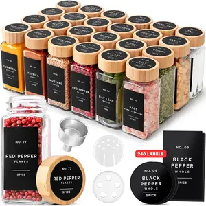 24-Piece Modern Square Airtight Glass Spice Jar Set with Wooden Bamboo Lids, Shaker Inserts, 240 Labels - Kitchen Storage Containers for Spice Organization