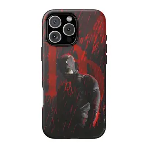 Red Noir Vigilante Phone Case Inspired by Daredevil, Dark Superhero Art Design, Matte Shockproof Protective iPhone Case, Comic Style Cover
