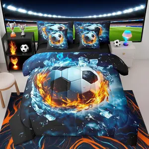 3D Soccer Ball Game Comforter Set with Sheets 7 Pieces Kids Football Pattern Bedding Set for Boys Girls Teens Sports Theme Bed in a Bag Room Decor
