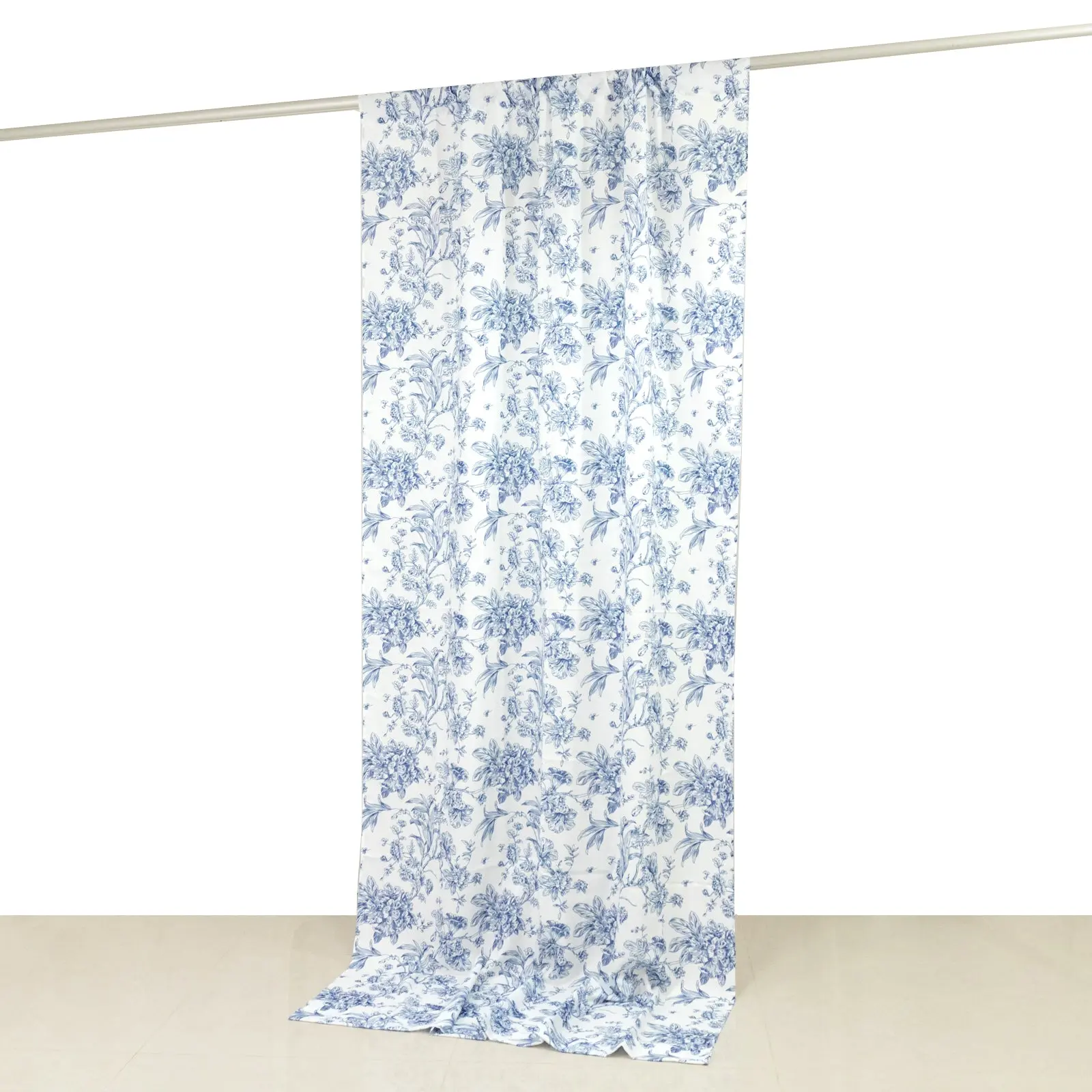 French Toile Polyester Backdrop Curtain - Blue Flower 5ft x 10ft Rod Pocket Drape Panel, Ideal for Wedding Backdrop Decor & Banners