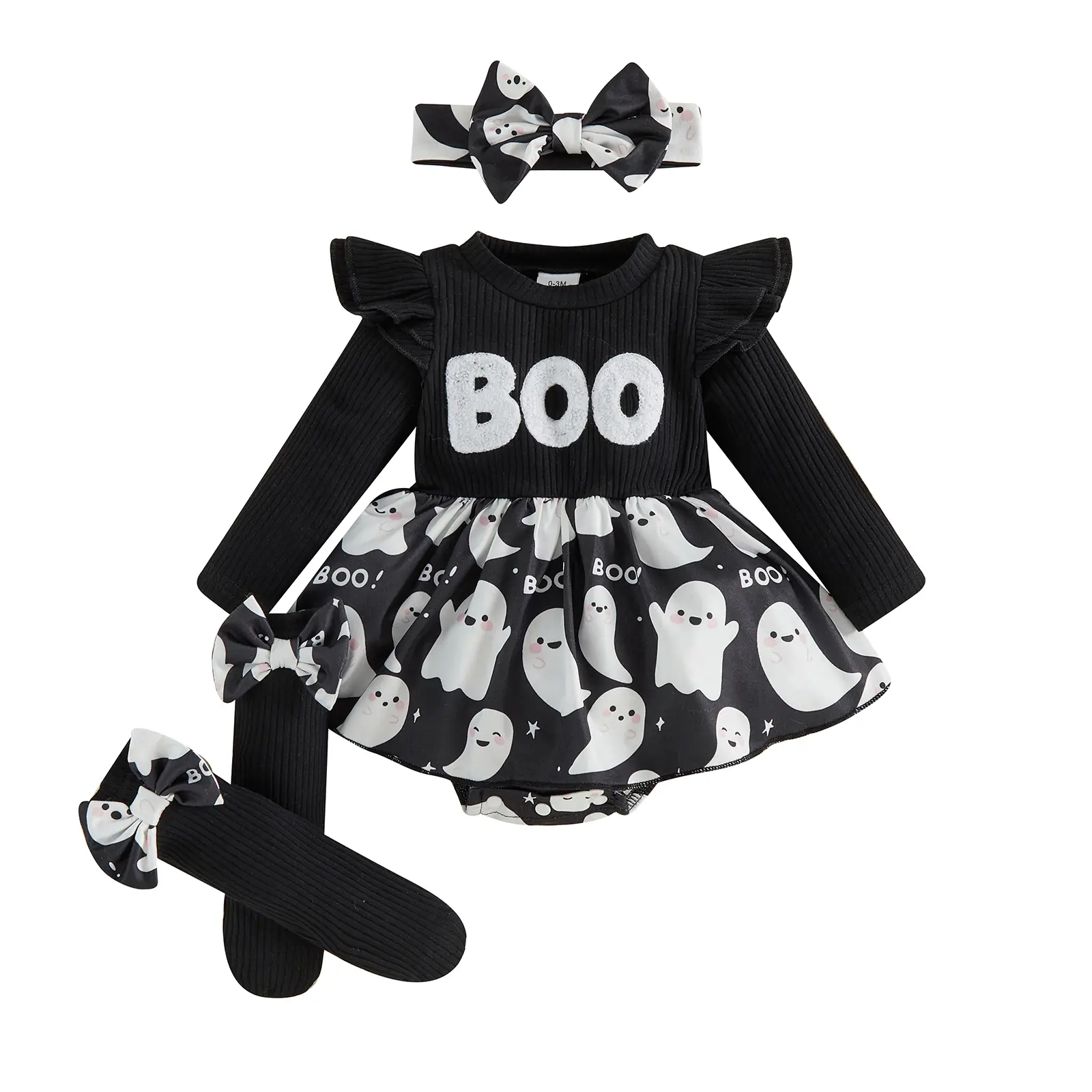 Newborn Baby Girl Halloween Outfits Long Sleeve Ghost Print Romper + Headband + Socks Set Infant Clothes 0-12 Months