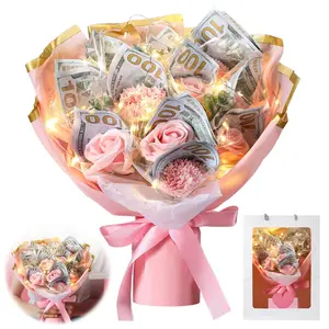 Birthday Gift Money Flower Bouquet Cash Rose Artificial Bouquet Money Bouquet Kit for Cash Gift Pink Money Bouquet Flowers with Bag LED Light String Card for Birthday Party Anniversary  Weddig Gift for Women Girlfriend  (money not included)