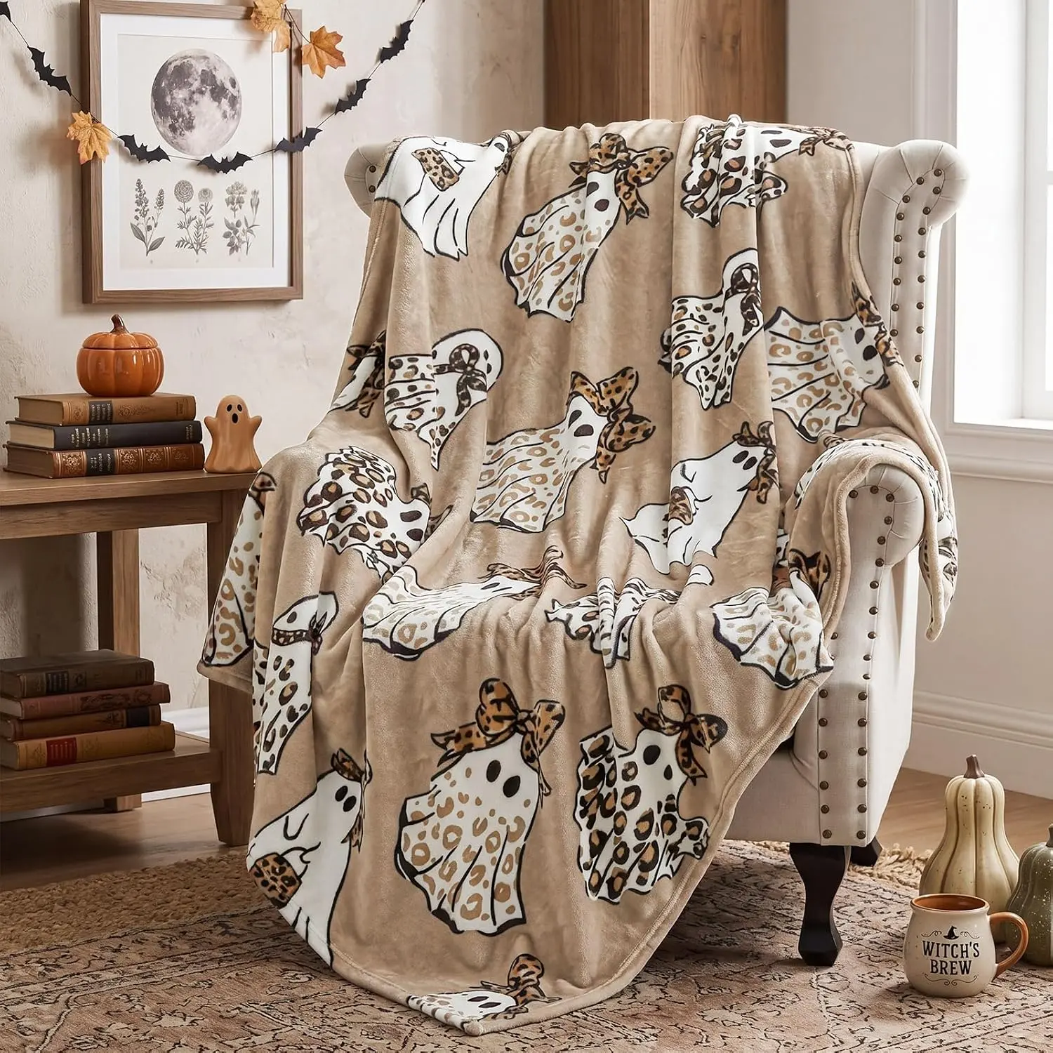 Hahafelt Halloween Cheetah Ghost Blanket Brown Leopard Throw Blanket | Soft Flannel Fleece, Halloween Cozy Spooky Gifts Decor, Western Boho Holiday...