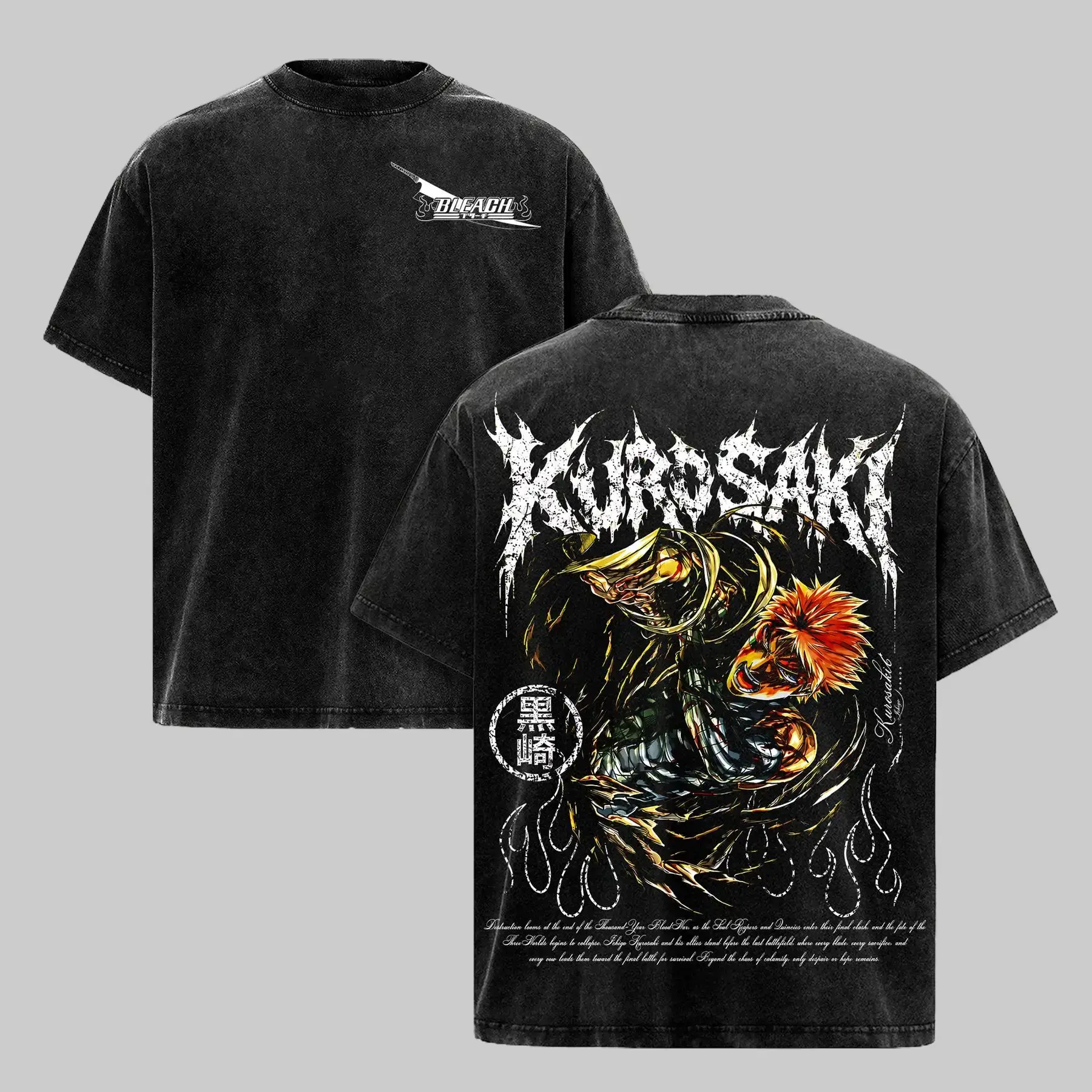 Men's Vintage Washed Kurosaki Ichigo Graphic Tshirt - Heavyweight, Baggy, Short-Sleeve, Casual Menswear Bleach Anime Substitute Soul Reaper Streetwear Top, Shortsleeve