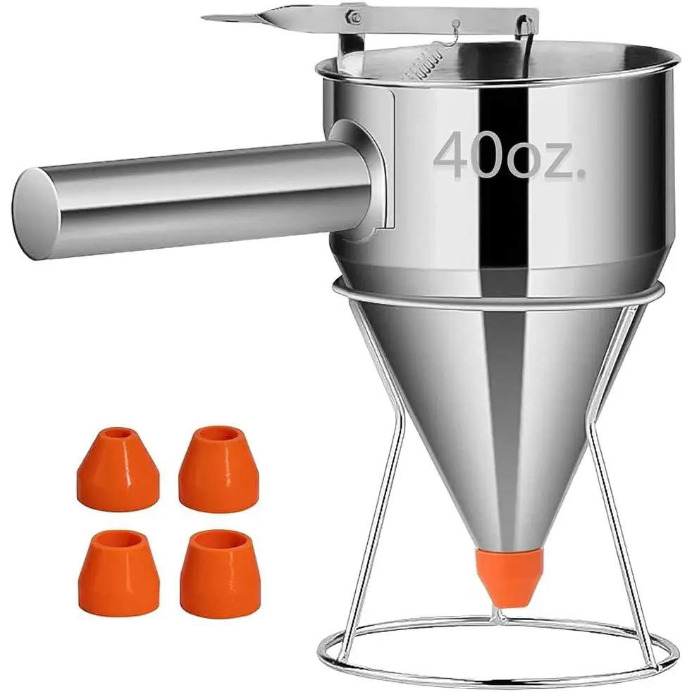 Pancake Batter Dispenser - 40oz Stainless Steel No-Drip Funnel, 4 Interchangeable  Nozzles, Easy Control Batter Dispenser for Pancakes, Cupcakes, Funnel Cakes, Muffins & More