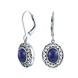 3.2CTW Gemstone Oval Dangle Earrings Bezel Set Lever Back