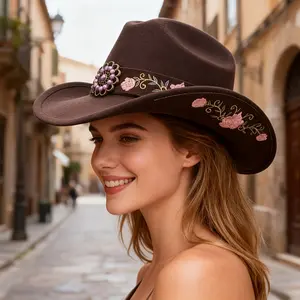 [Pink Floral |   Embroidered] Pink Floral Embroidered Hat 1pc |   Ladies' British Soft Felt Cowboy with Turquoise Belt, Ideal for Weddings, Holidays, Parties