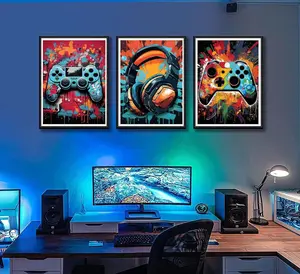 3 Cool Game Wall Decor Retro Video Game Player Watercolor Poster Pictures Multicolor Neon Game Controller Canvas Print for Boys' Room, Gamer Room, Bedroom, Boys' Home Decor with Black Frame