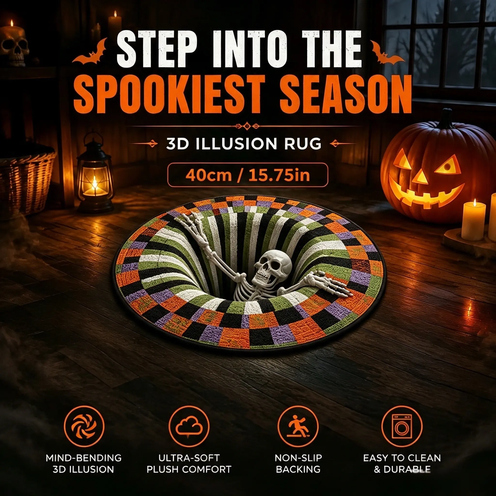 Halloween Round Rug 3D Skeleton Vortex Quilted Illusion Mat,A1:16" |   Soft non-slip fabric indoor round decor.Perfect for living room, kitchen or bathroom.Features a spooky depth pattern.-YY2