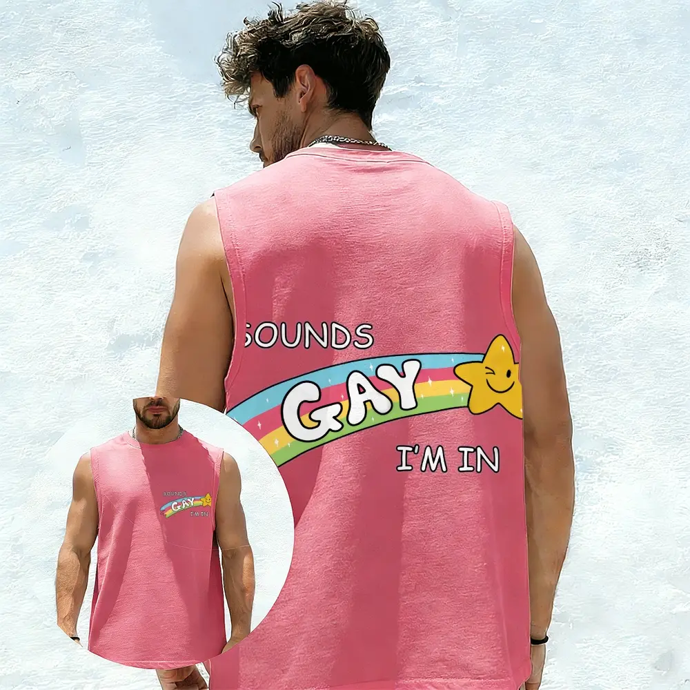 Men's Pink Sleeveless Tank Top, "Sounds Gay I'm In" Rainbow Star Graphic Muscle Shirt, LGBTQ Pride Funny Casual Crewneck Vest, Summer Streetwear Tee