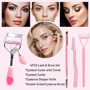 Stainless Steel Lash Curler Kit with Built-In Comb: Includes Eyelash Curler with Comb, Eyebrow Trimming Knife, Double-Head Eye Makeup Brush & Eyebrow Blade – 4PCS SET Portable Multi-Function Beauty Tool