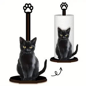 Wooden Black Cat Kitchen Paper Towel Holder - Single-Layer Dishcloth And Paper Towel Storage Rack, Suitable For Kitchen Countertops, An Essential Item For Organizing Paper Towels In Your Home Kitchen.