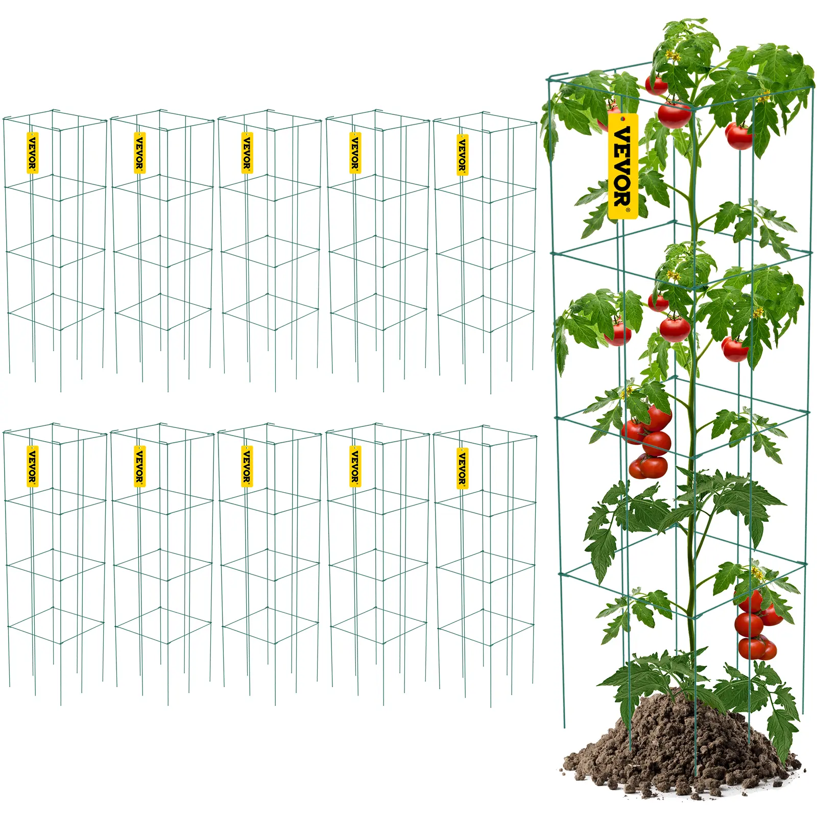 【summerfinds】VEVOR Metal Garden Trellis, 10 Sets of 3-Tier Square Plant Support Cages (11.8"x11.8"x46.1", 22 lbs/10 kg), Foldable Green PVC-Coated Steel Vertical Planters for Climbing Vegetables, Flowers