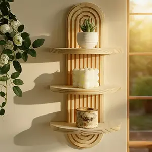 Boho Style Multi-Layer Wooden Wall Shelves - Space-saving curved tiered storage shelves with natural beige finish for bathrooms, living rooms, bedrooms, kitchens - Modern farmhouse décor in light wood tones, multifunctional home décor storage racks