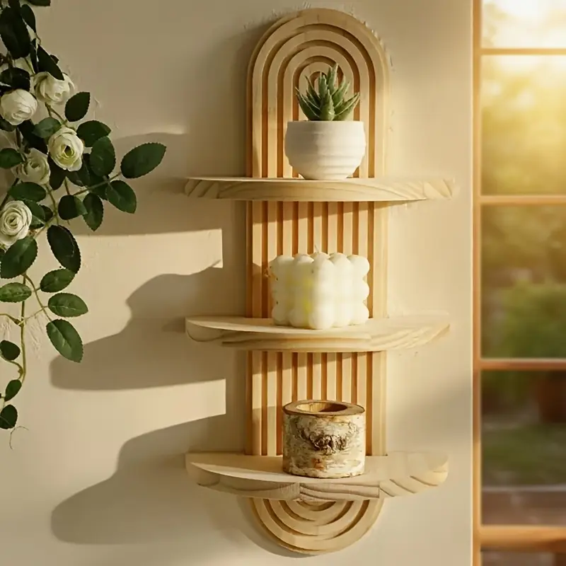 Boho Style Multi-Layer Wooden Wall Shelves - Space-saving curved tiered storage shelves with natural beige finish for bathrooms, living rooms, bedrooms, kitchens - Modern farmhouse décor in light wood tones, multifunctional home décor storage racks