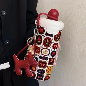 600ML Insulated Mug with Lanyard, Vintage Retro Pattern Coffee Cup, Stainless Steel 316, Suitable for Outdoor Sports, Travel, Home Use