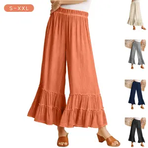 SCUSTY Flowy Palazzo Linen Pants for Women Elastic High Waisted Wide Leg Ruffle Ruched Loose Beach Trousers