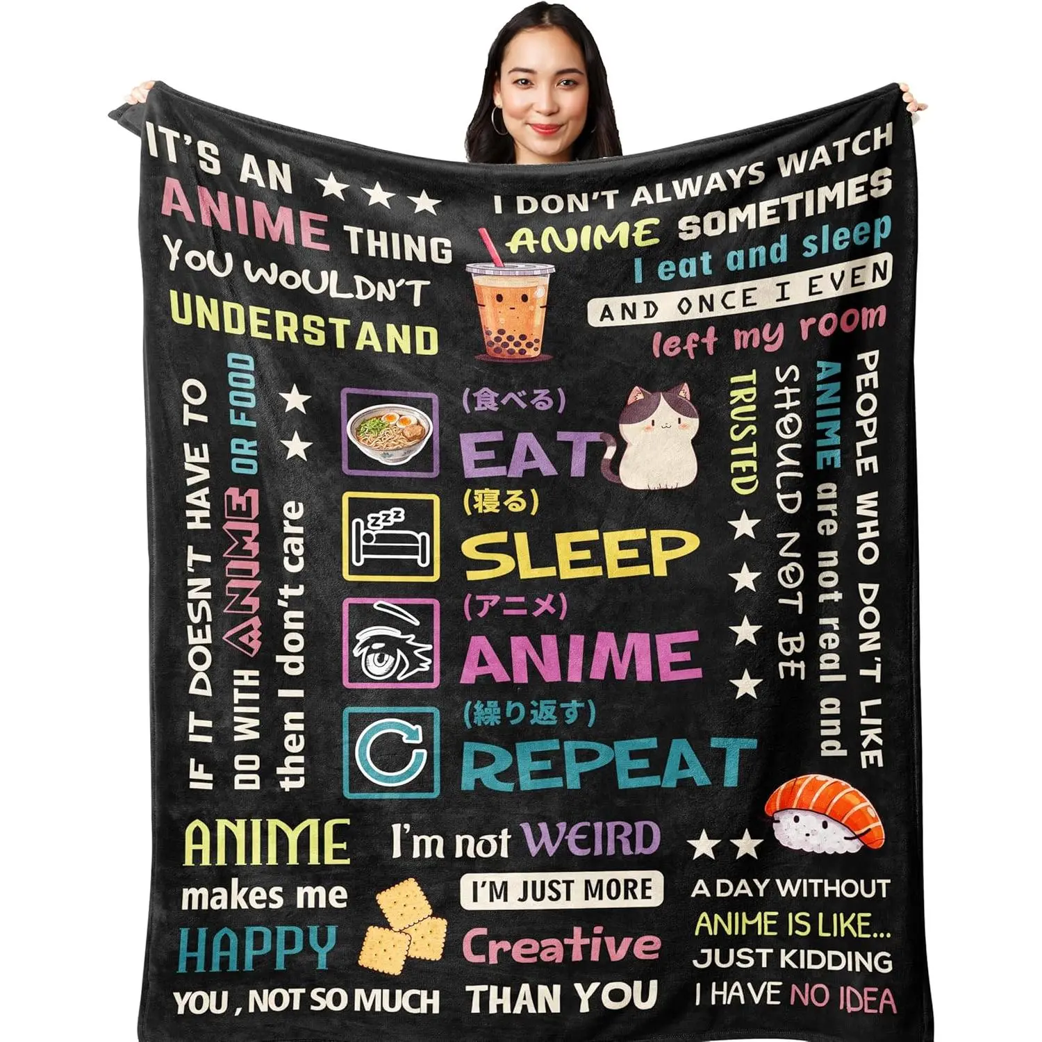 Anime Lover Print Soft Fleece Throw Blanket, Featuring "Eat Sleep Anime Repeat" & Otaku Humor Quotes, All Season Sofa Bed Nap Office Car Camping Blanket, Ultra Fluffy Lightweight Throw for Cozy Anime Nights & Fans Gift
