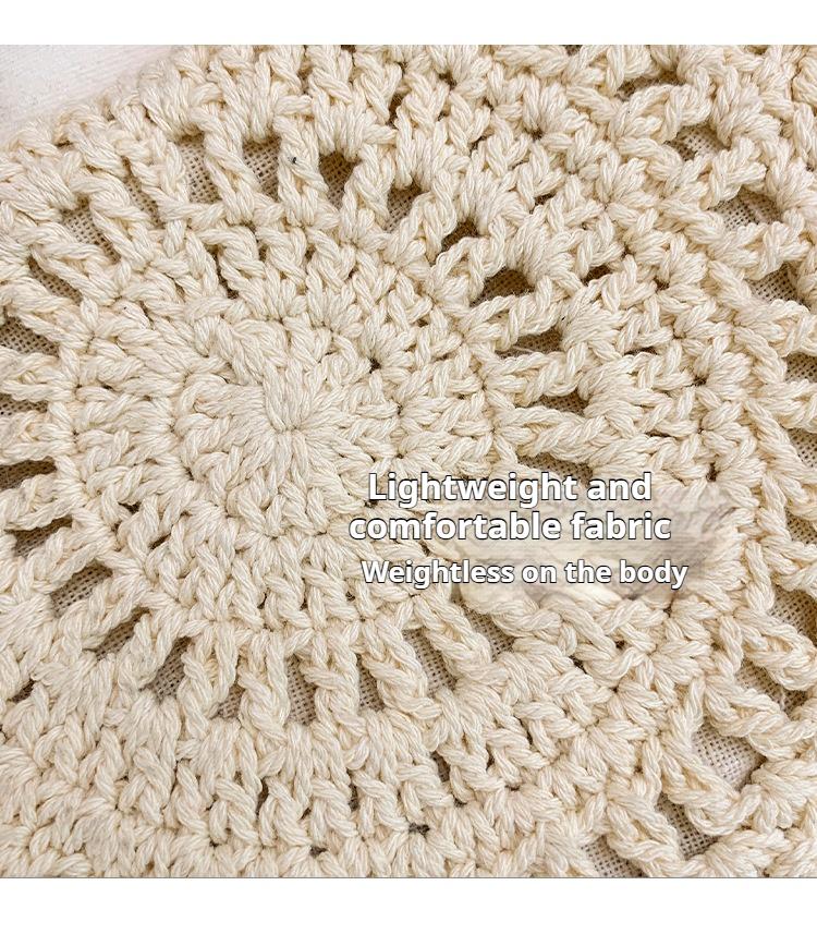 Lace-trimmed crossbody cotton woven bag, openwork straw shoulder bag, vacation-style beach bag, versatile women's bag.