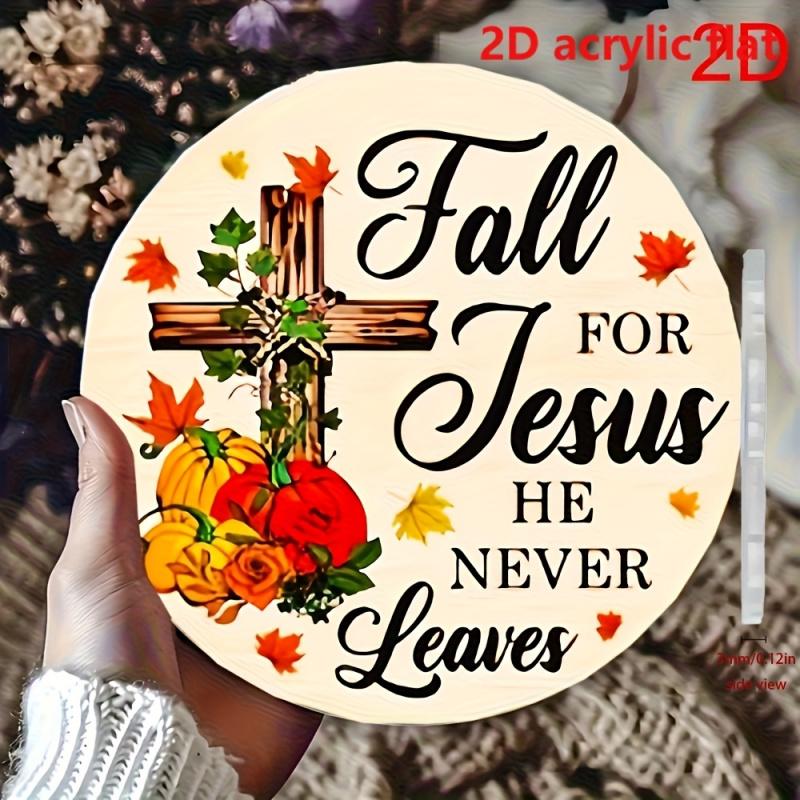 1PC "Love Jesus" Round Hanging Ornament - Artificial Wooden Autumn Decoration with Cross, Pumpkin and Rose, No Electricity Needed Wall Art, Suitable for Home, Porch, Thanksgiving and Christmas Religious Home Decoration, Rustic Style Design, Seasonal Decor