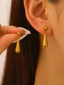 1pair Stainless Steel Simple Gold Color Polished Teardrop Stud Earrings For Women Trendy Waterproof Ear Dangle Jewelry