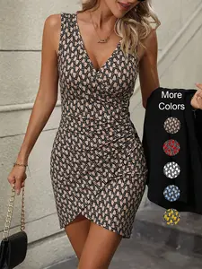 Women's Geometric Print Sleeveless Vneck Ruched Short Skirt, Elegant Fitted Formal Summer Dress with Side Button Design, Perfect for Parties, Womenswear