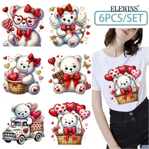 6 adorable Valentine's Day teddy bear heat transfer vinyl decal stickers, hot transfer decal patches, for T-shirts, jeans, backpacks, home clothing, hats, and decorative patches.
