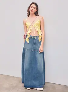 Lace Ruffle Hem Knotted Knit Crop Top