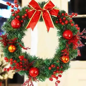 20 Inches Christmas Wreaths for Front Door Xmas Wreath Ornaments with Red Bow and Colored Balls for Indoor Outdoor Holiday Party Home Wall Window Decor