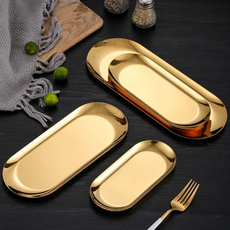 4 Piece Set Stainless Steel Oval Plates, Korean Style Flat Vegetable & Snack Dessert Plates, Thickened Tableware for Home & Restaurant