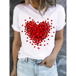 Heart Print T-shirt, Short Sleeve Crew Neck Casual Top For Summer & Spring, Women's Clothing